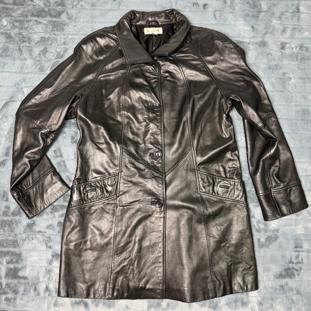 Preston & York Leather Car Coat Mens L Black Lambskin Button Front Jacket